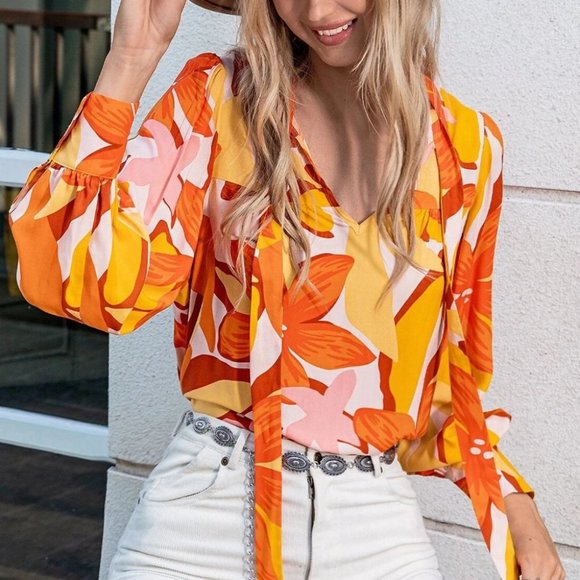 MODA ME COUTURE Tops - Fall Vibes Colorful floral Long Bishop Sleeve Blouse Top Orange